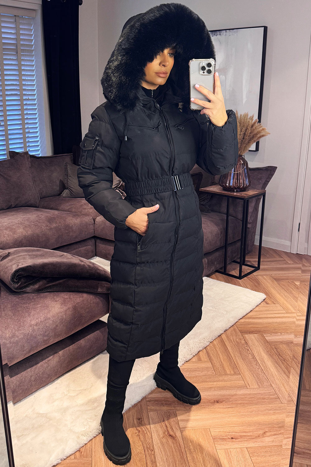 long winter puffer padded coat with belt