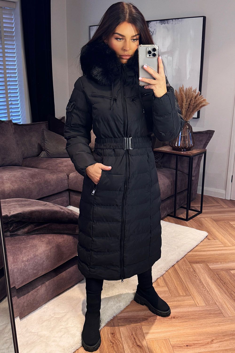 womens faux fur hood puffer padded coat