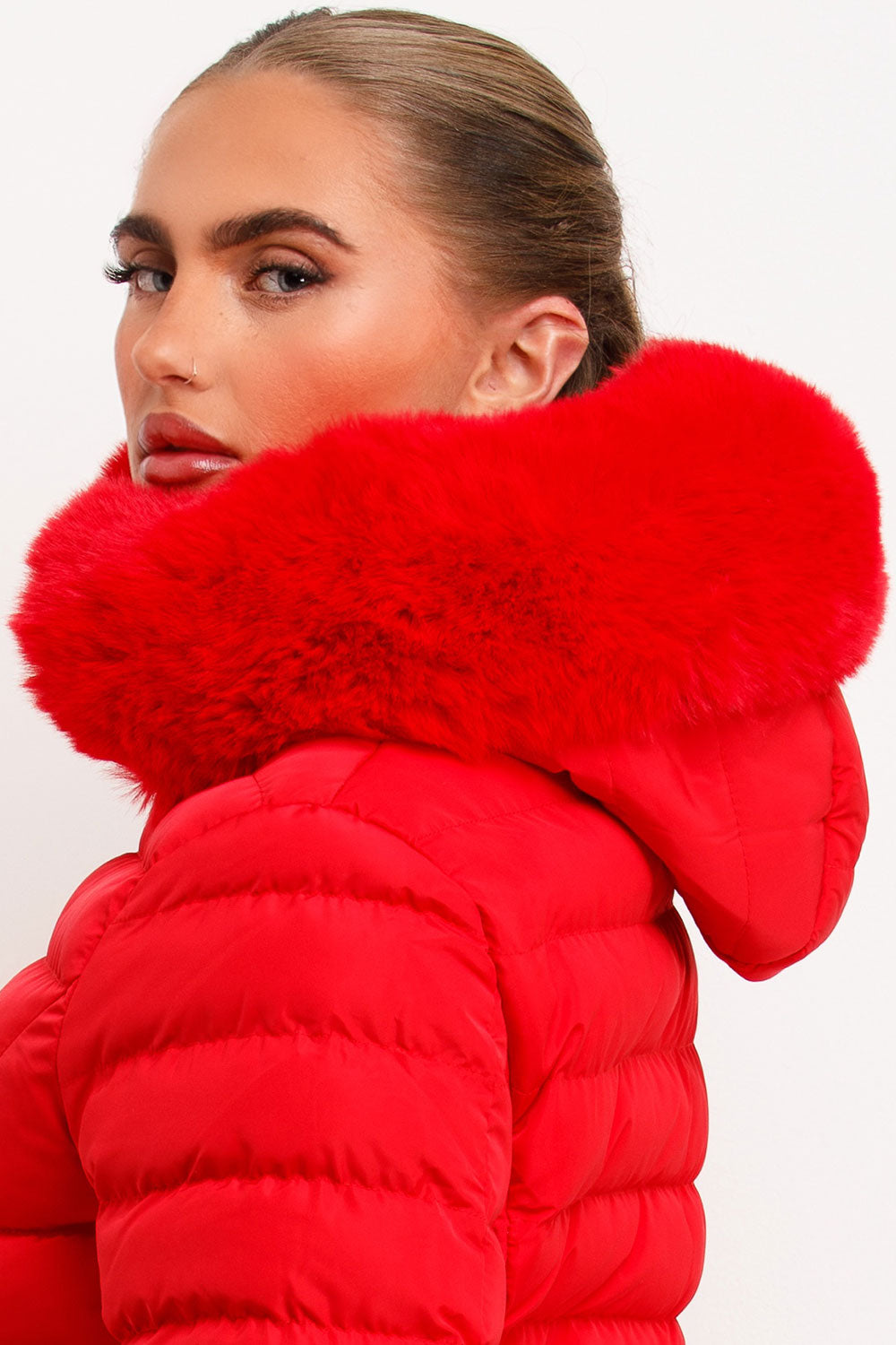 big fur hood puffer padded jacket with gold belt womens uk
