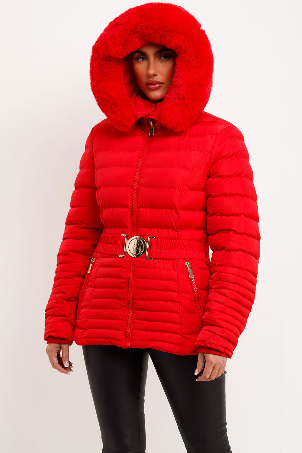 back to school puffer padded jacket with gold buckle belt womens