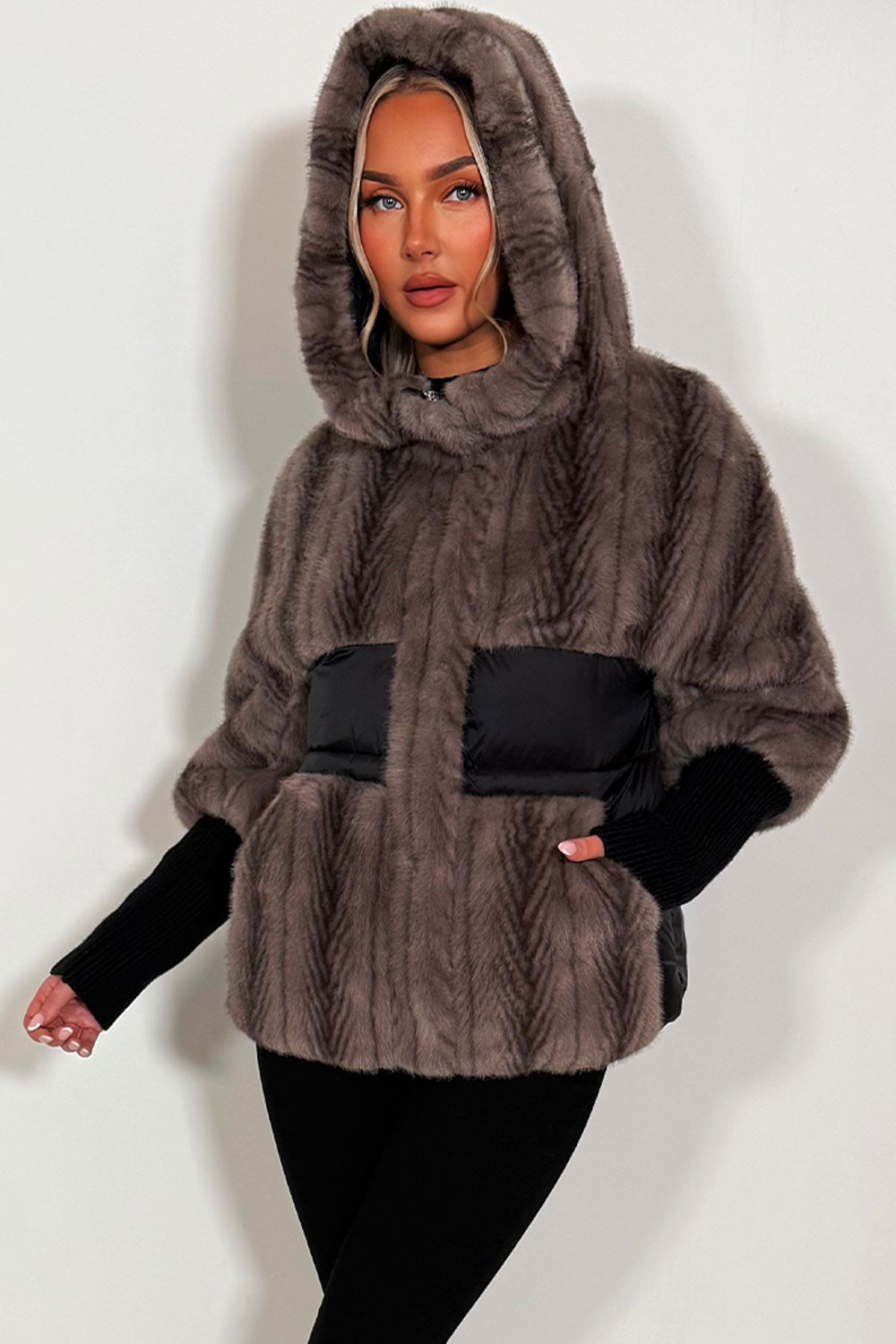 womens fur jacket with hood long sleeves
