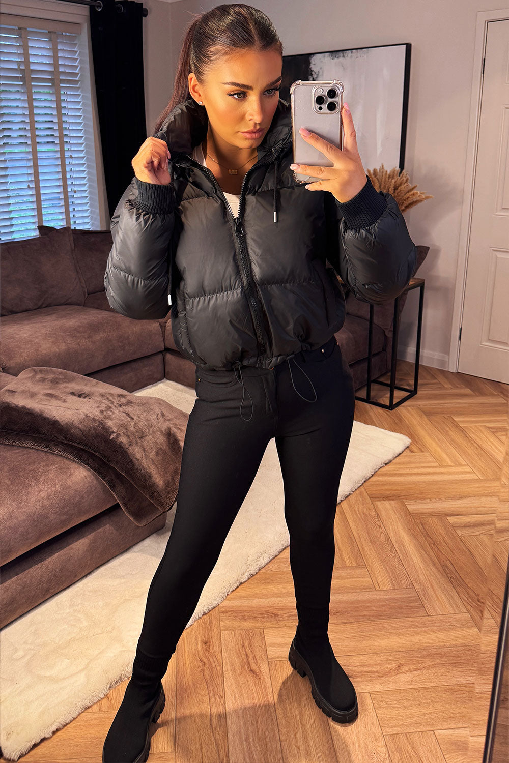 womens black puffer jacket with hood styledup