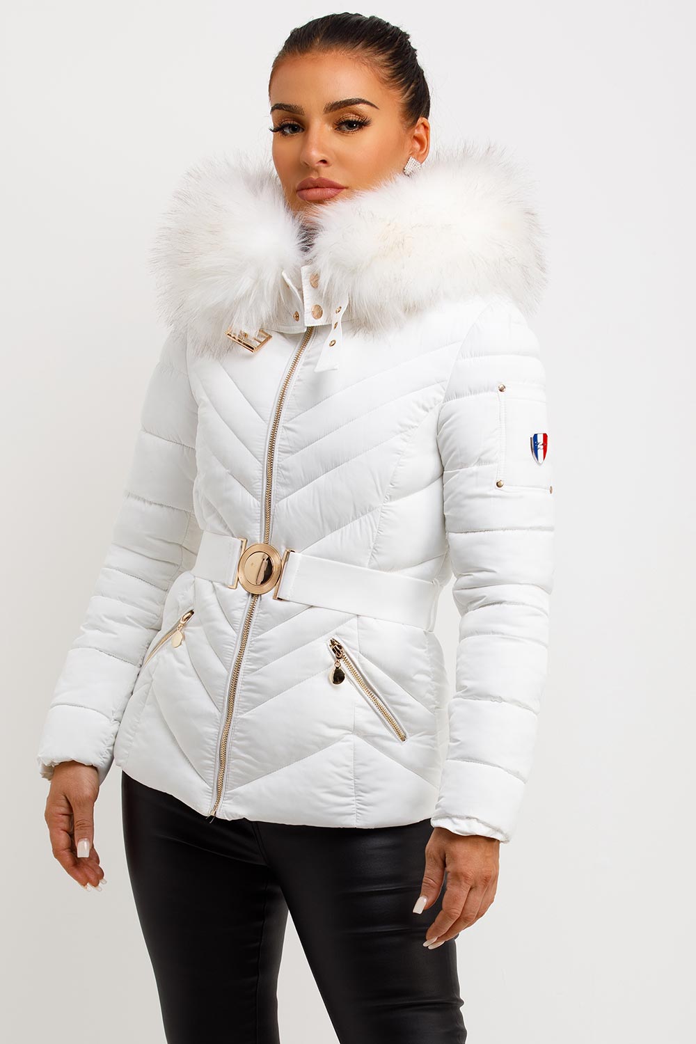 womens puffer coat with fur hood and belt