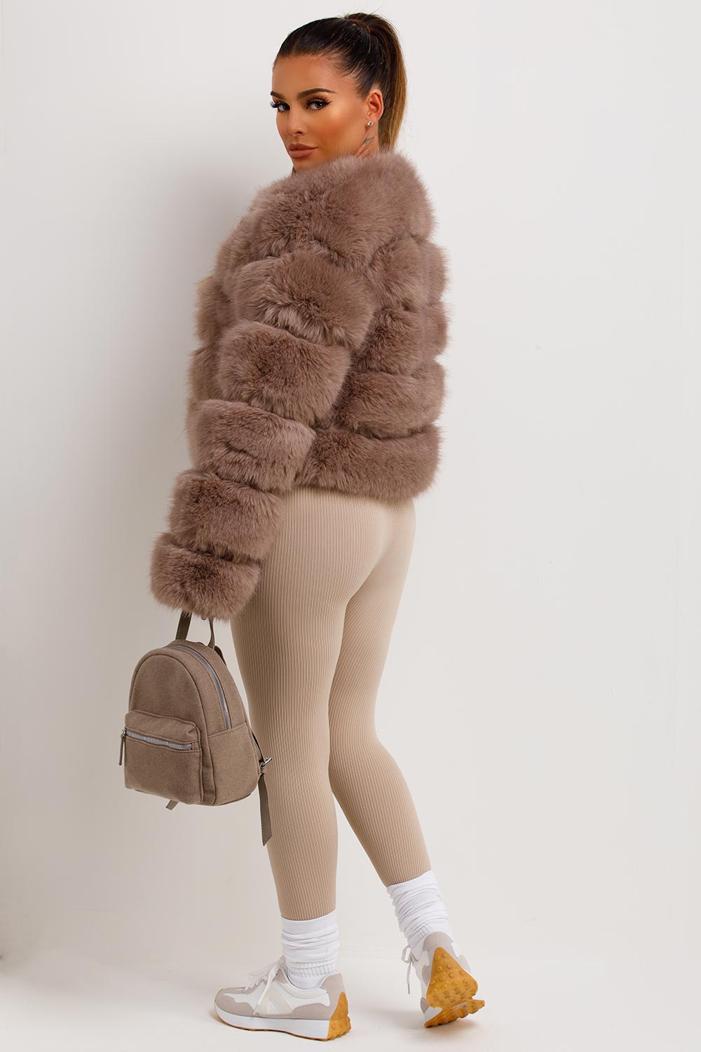 womens faux fur bubble coat tan uk