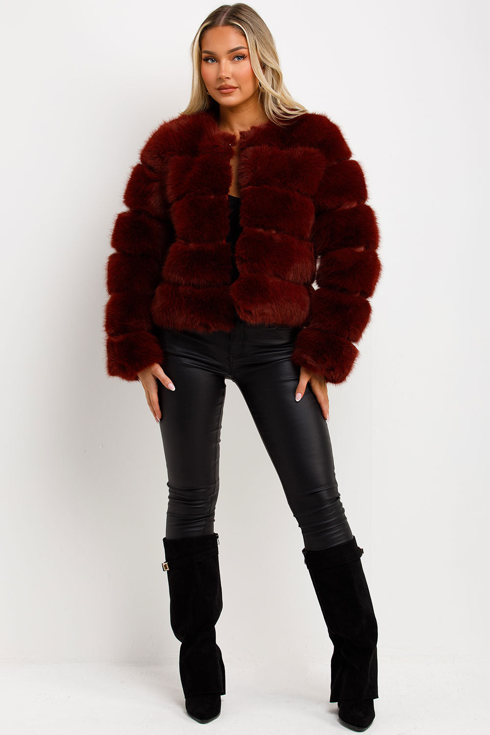 faux fur coat burgundy