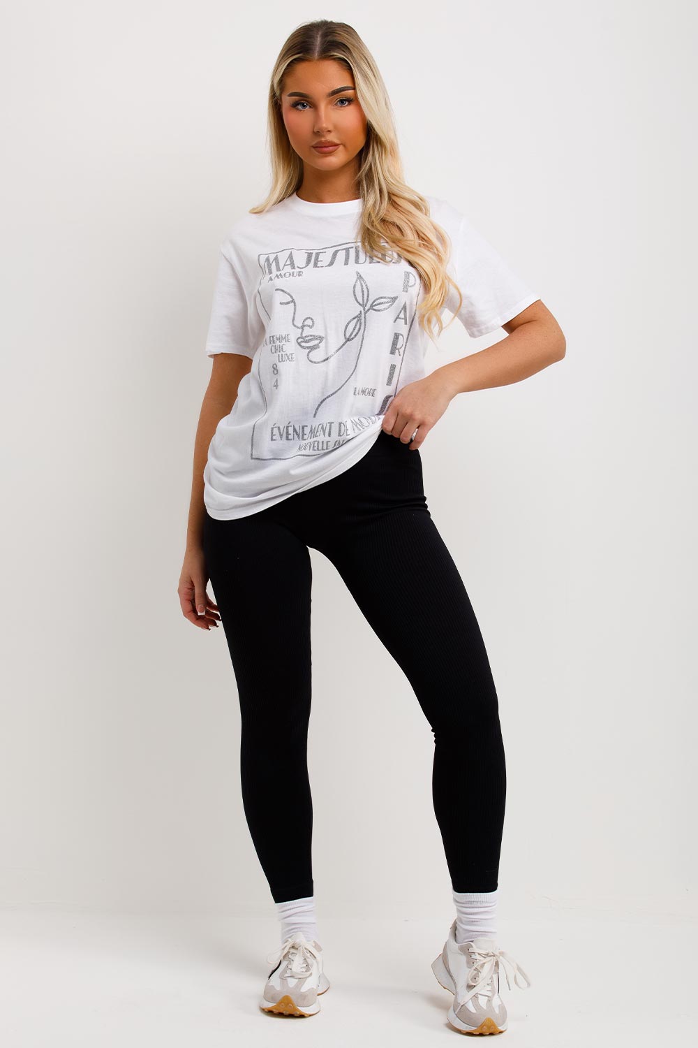 womens white oversized t shirt with la mode slogan