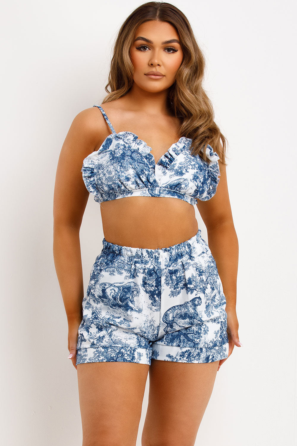 Toile de Jouy print shirt shorts and bikini three piece holiday outfit set womens uk