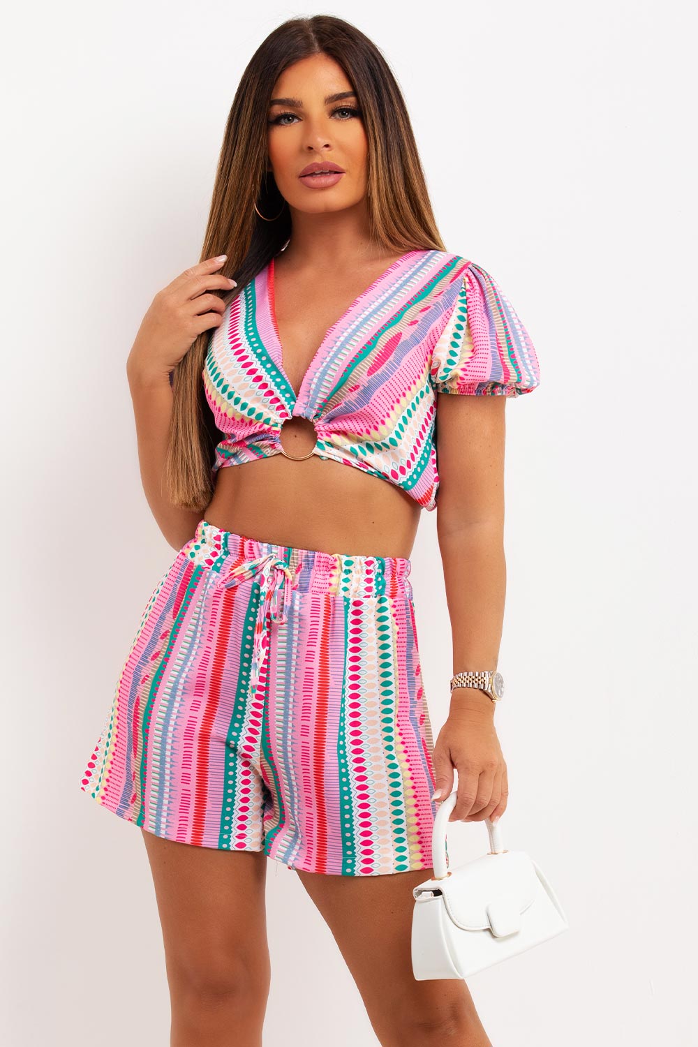puff sleeve crop top with ring detail and shorts set tribal print