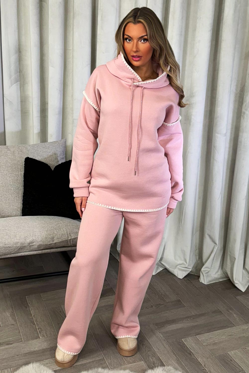 womens hoodie and straight leg joggers set with contrast stitching