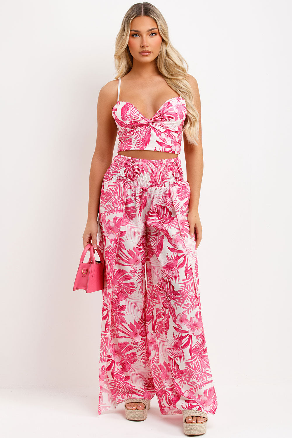 womens wide leg floral print trouser with side split and crop top two piece set