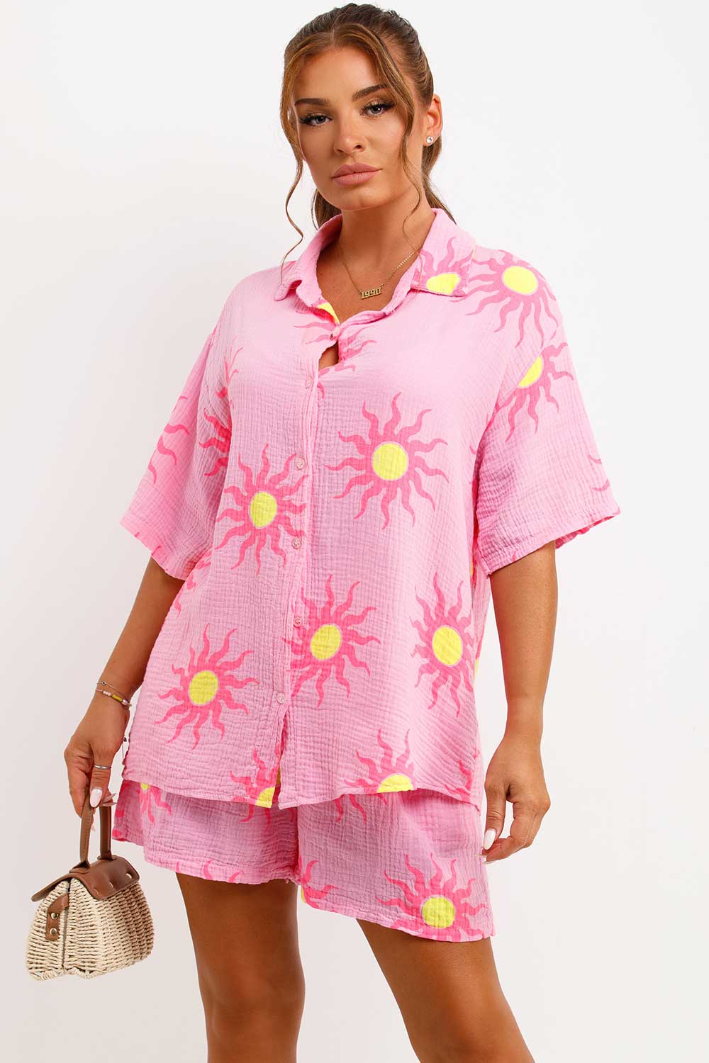 womens cotton shirt blouse and shorts two piece co ord set holiday outfit styledup