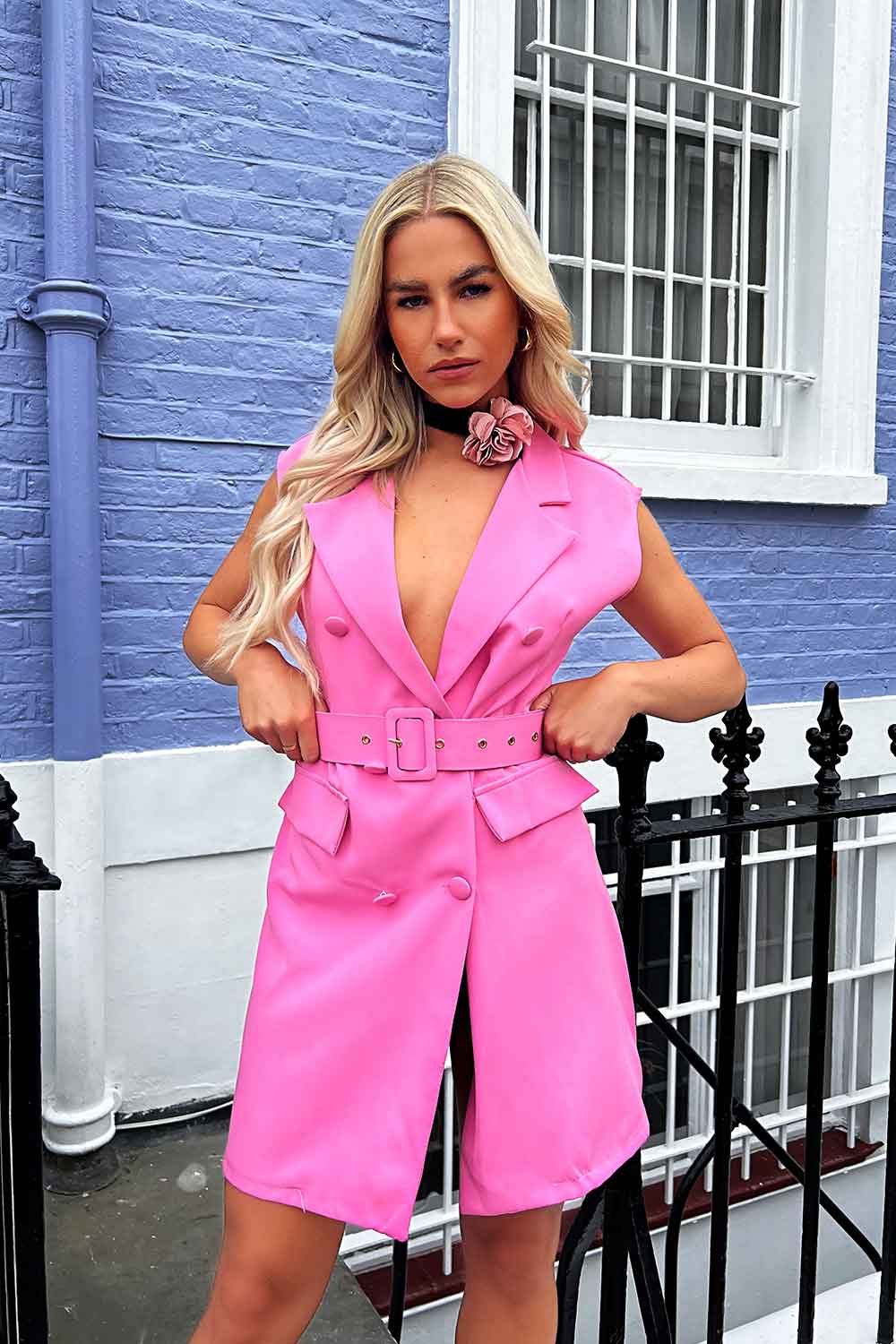 sleeveless blazer dress with belt