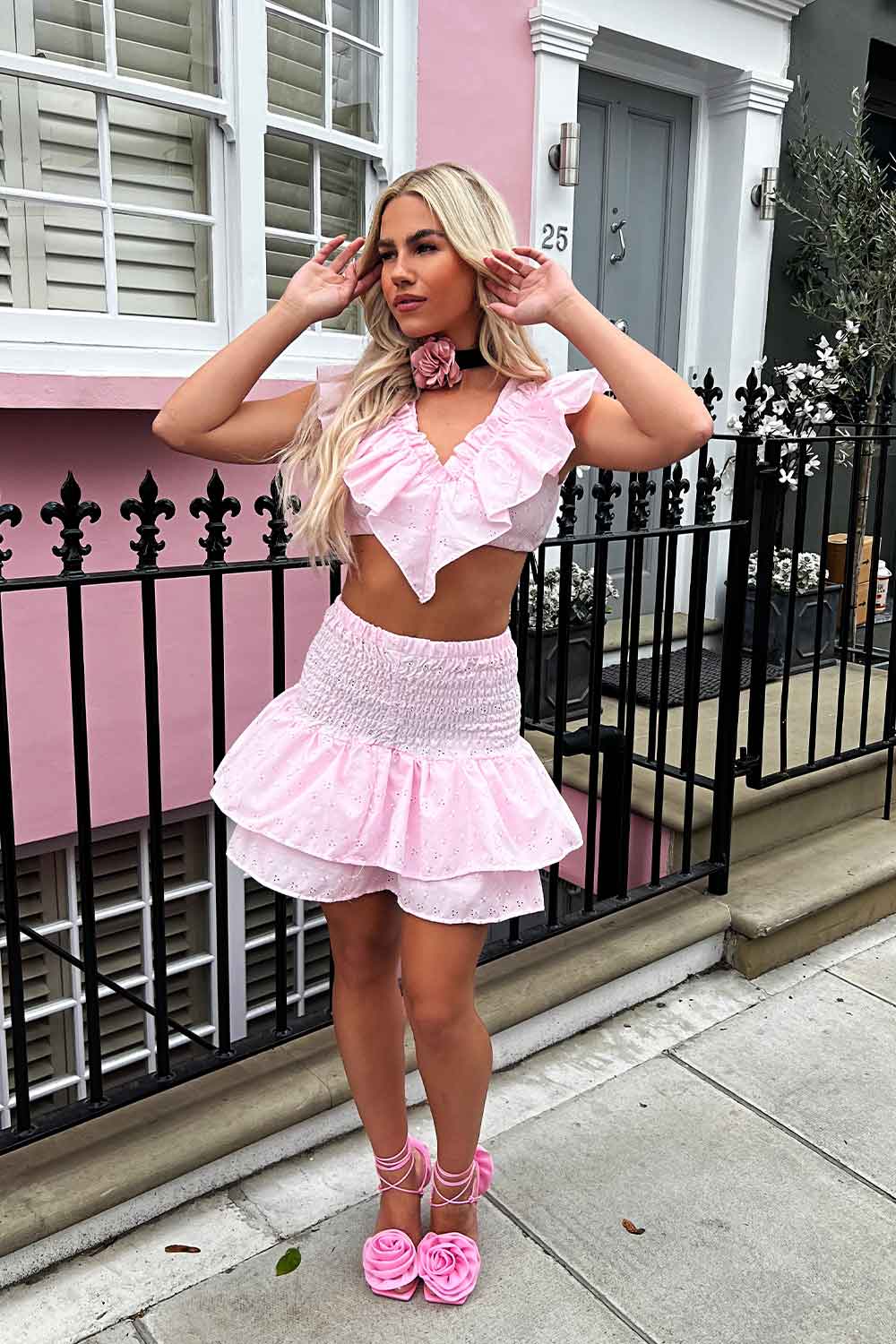 broderie anglaise ruffle mini skirt and crop top co ord set