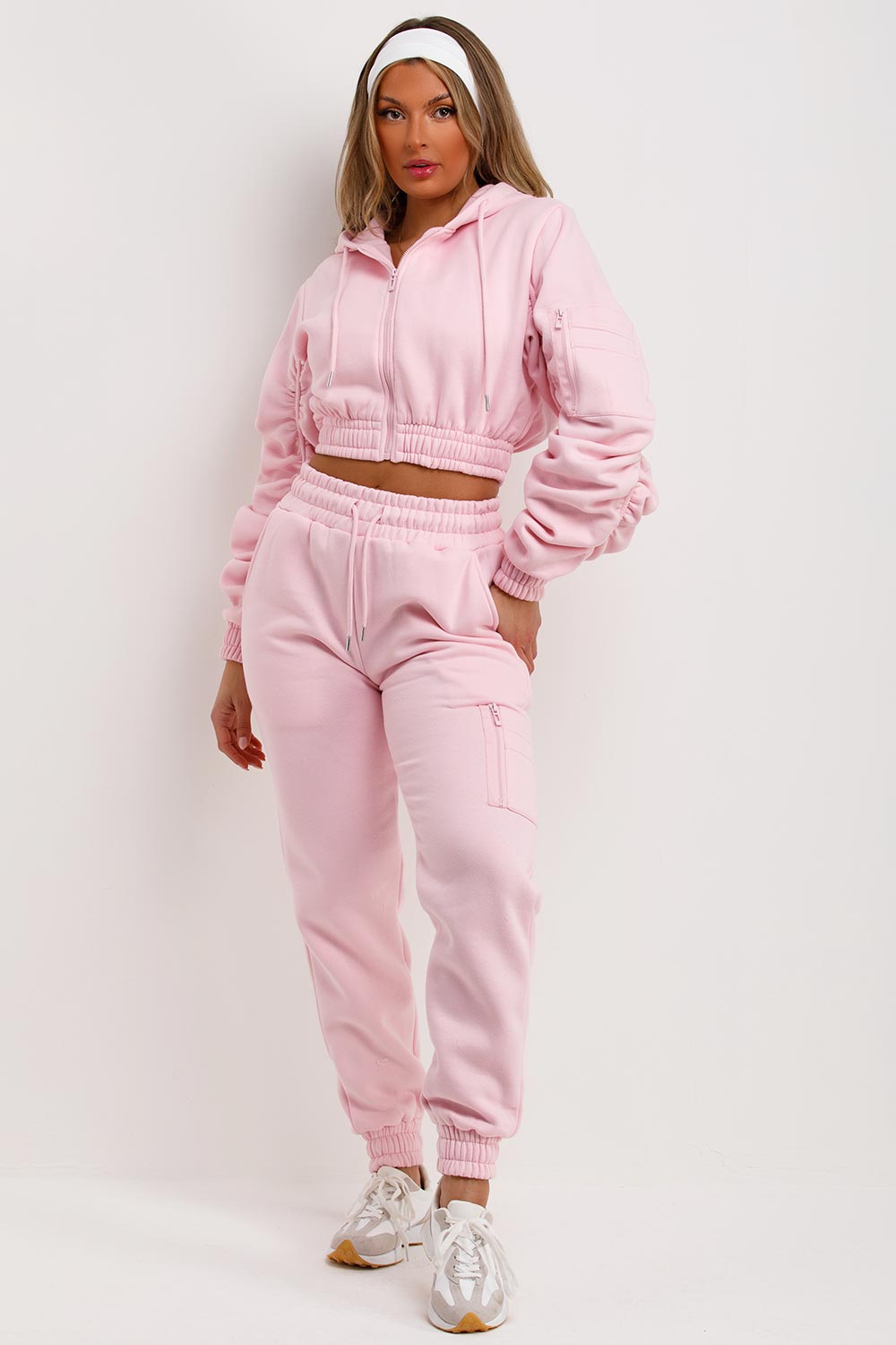 ruched sleeve crop hoodie and joggers set baby pink