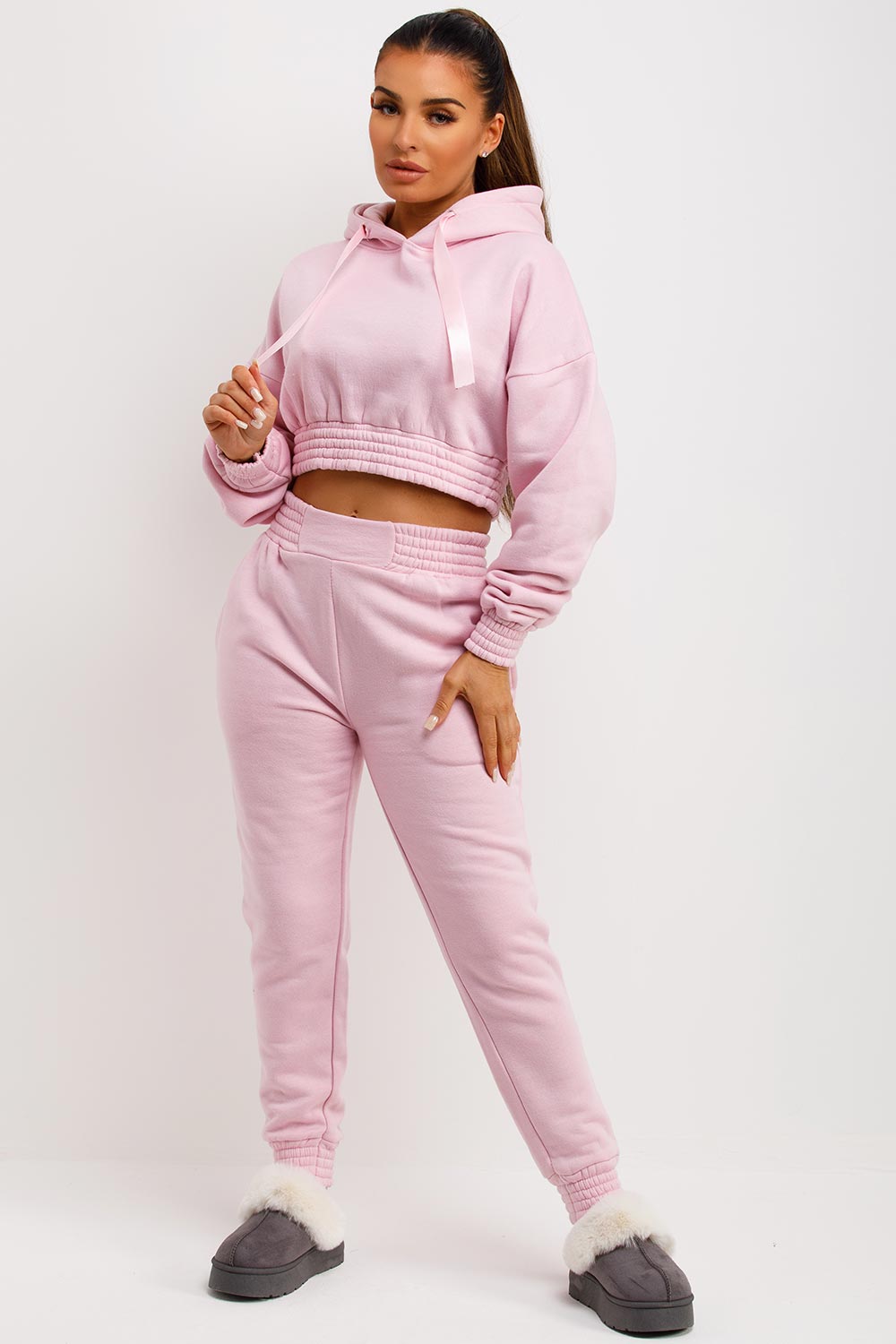 womens crop hoodie and joggers co ord set pink