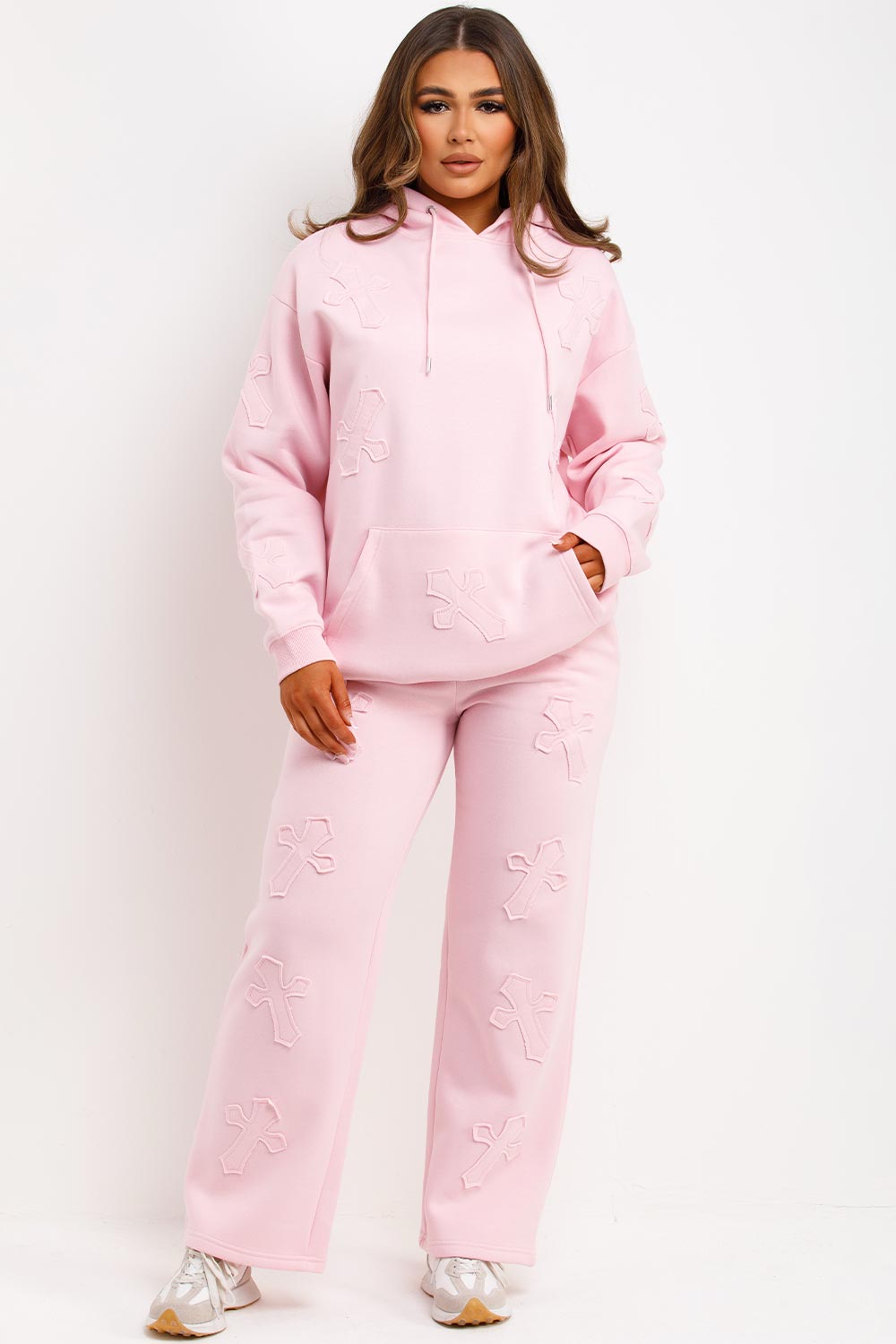 womens hoodie and joggers tracksuit with cross detail airport outfit