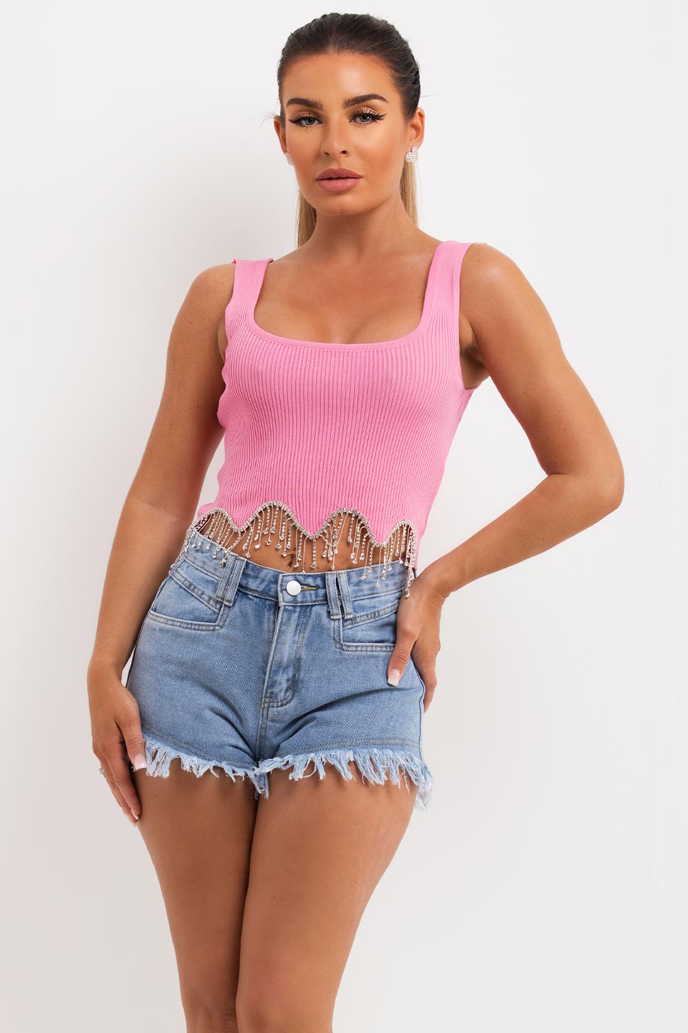 ribbed crop top with diamante trim