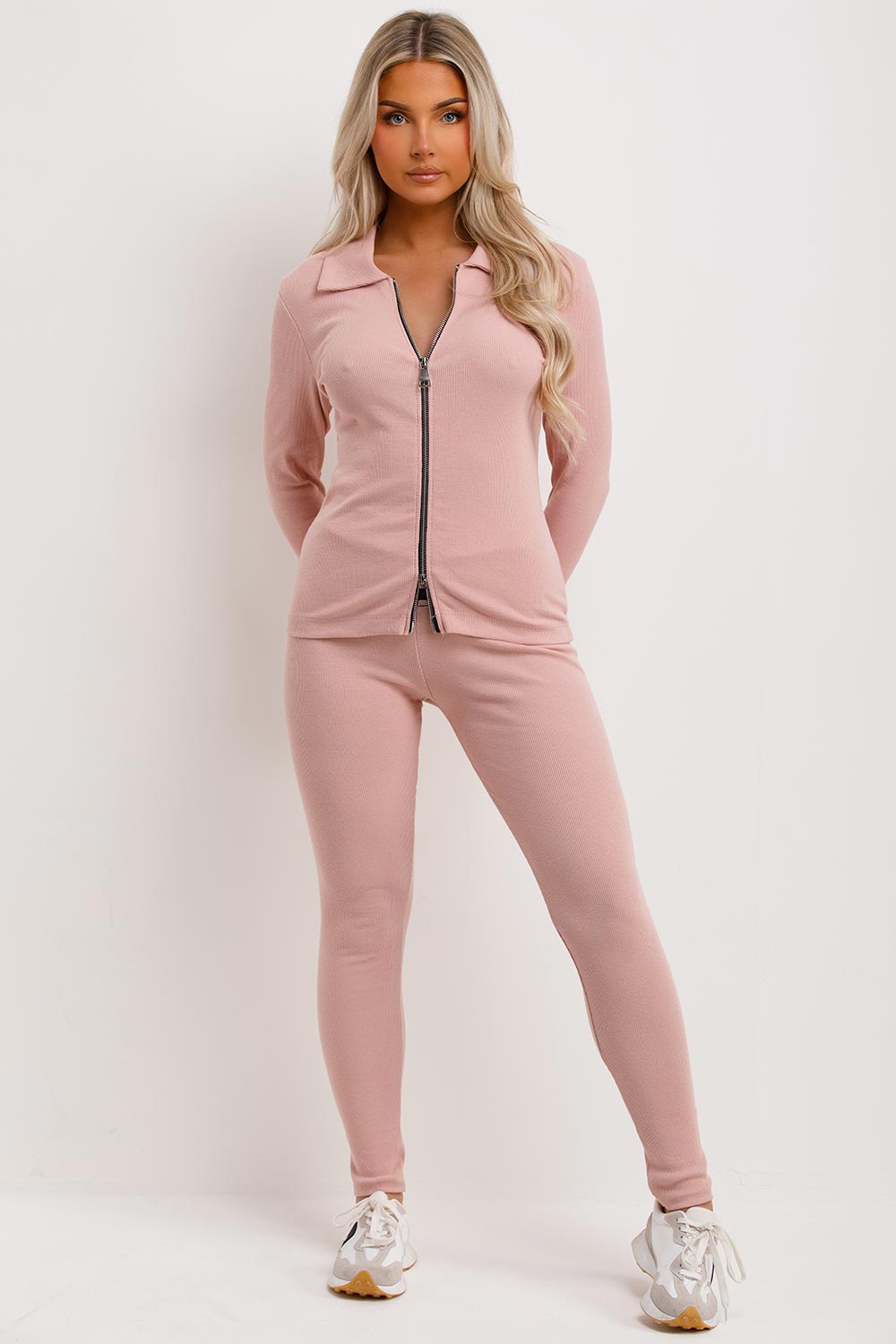 pink zip up loungewear set ribbed