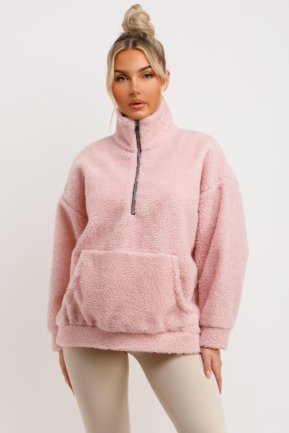 pink teddy sweatshirt with half zip