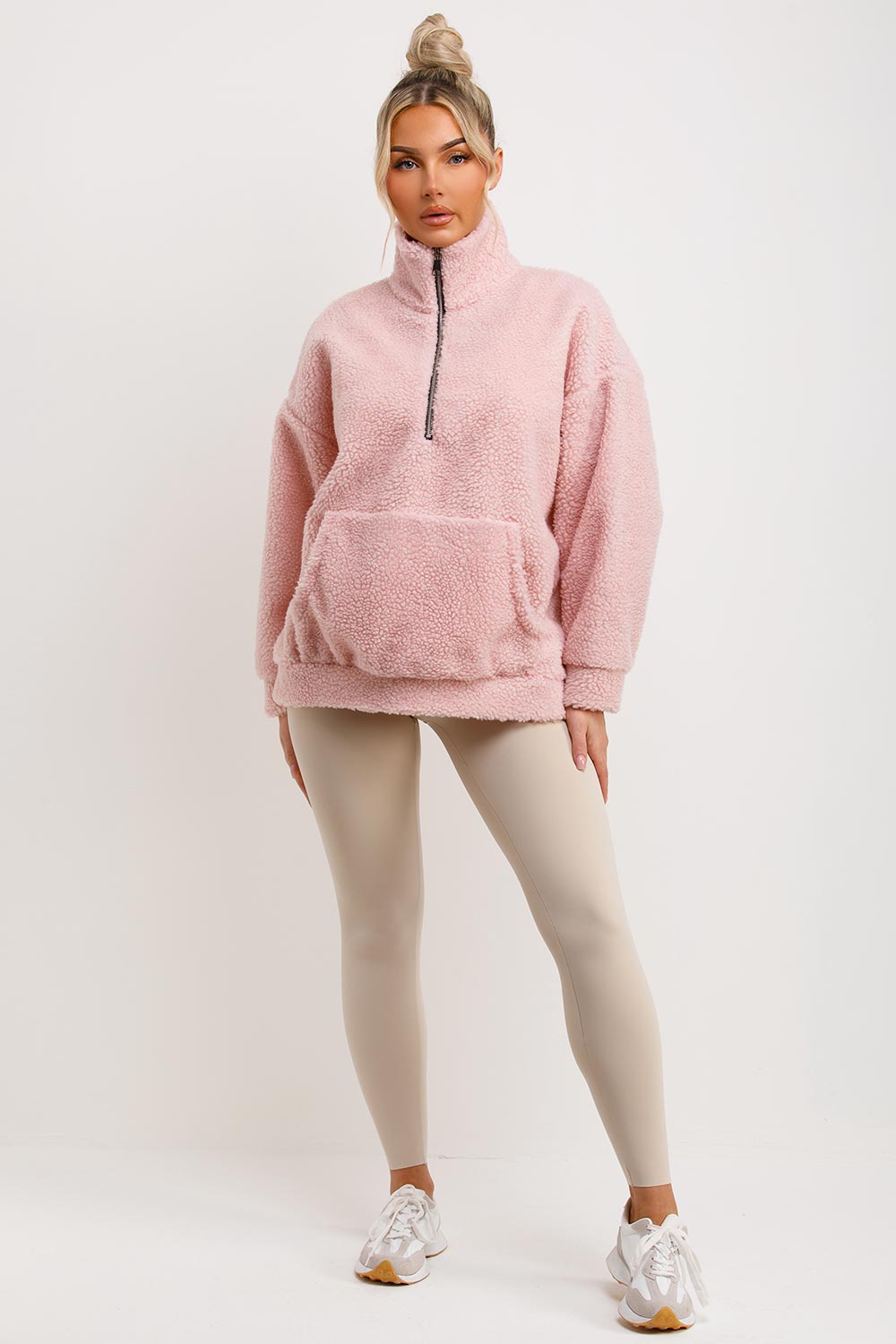 kangaroo pocket half zip sweatshirt pink