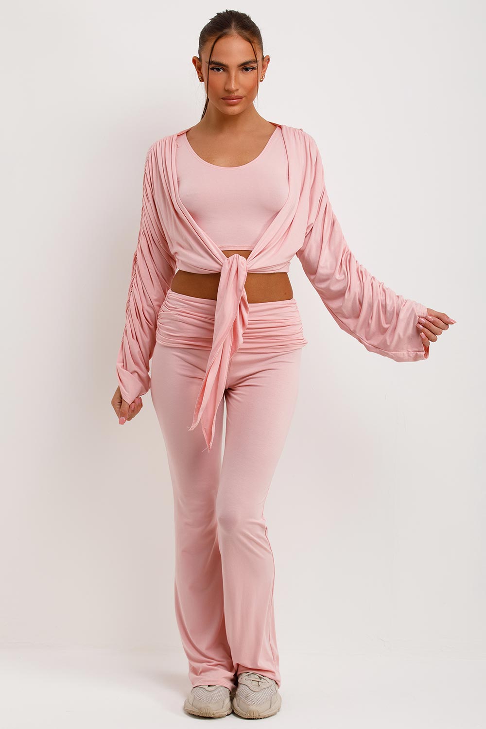 fold over flare detail trousers crop top and ruched sleeve cardigan three piece matching lounge set