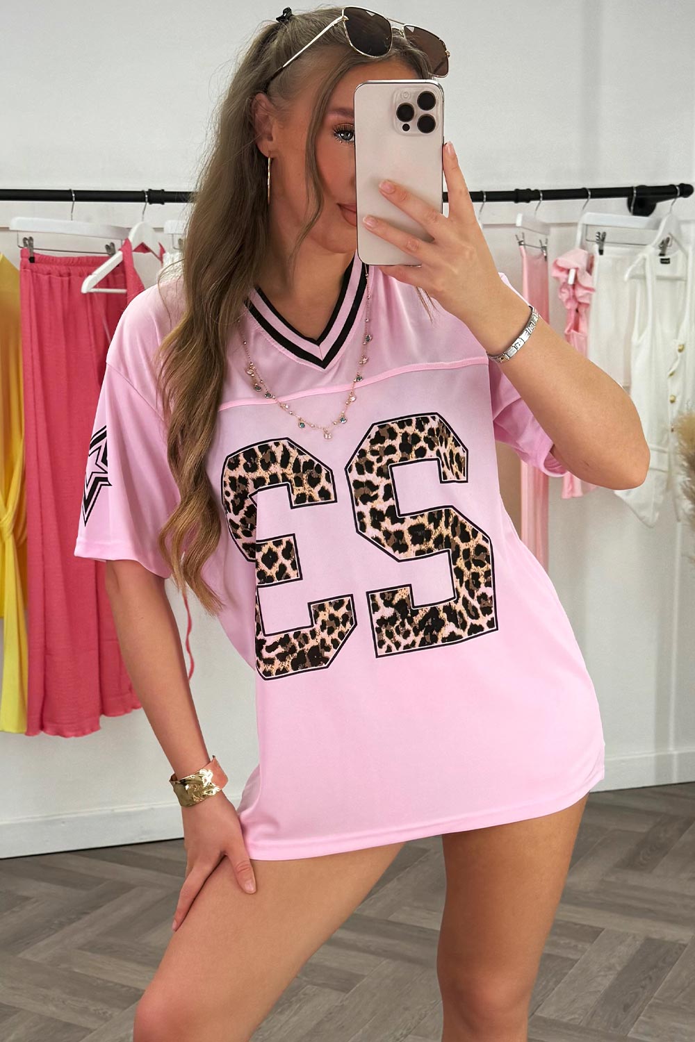 womens v neck oversized top leopard print slogan styledup
