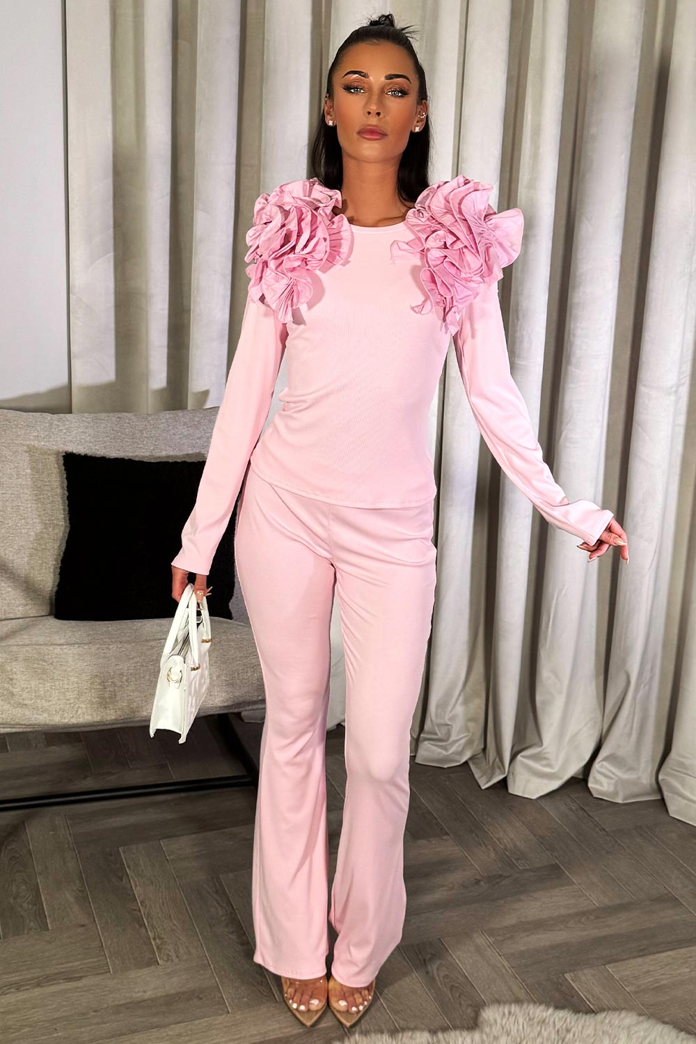 ruffle frill long sleeve rib top and trousers co ord set going out occasion outfit