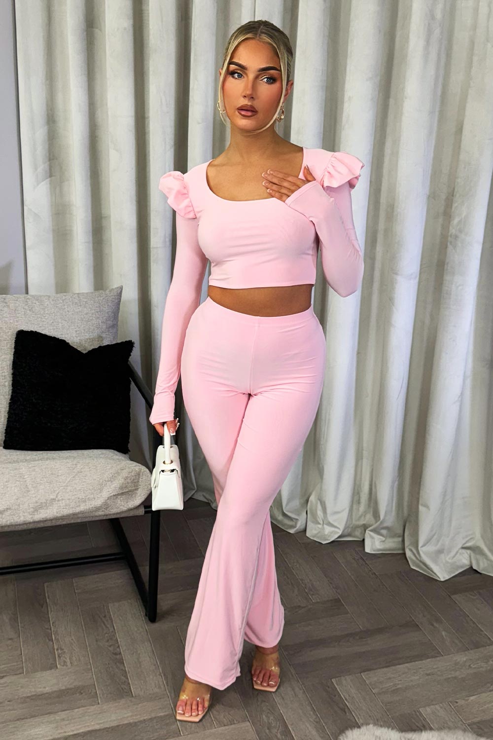 long sleeve frill shoulder crop top and trousers co ord set going out christmas outfit