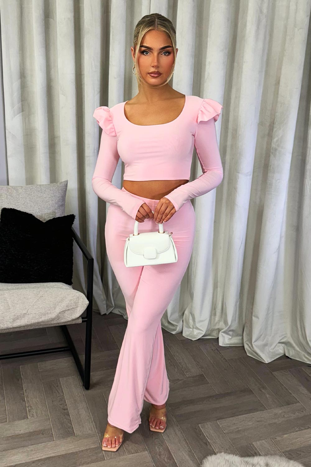 going out long sleeve crop top and trousers co ord set going out valentines day party outfit