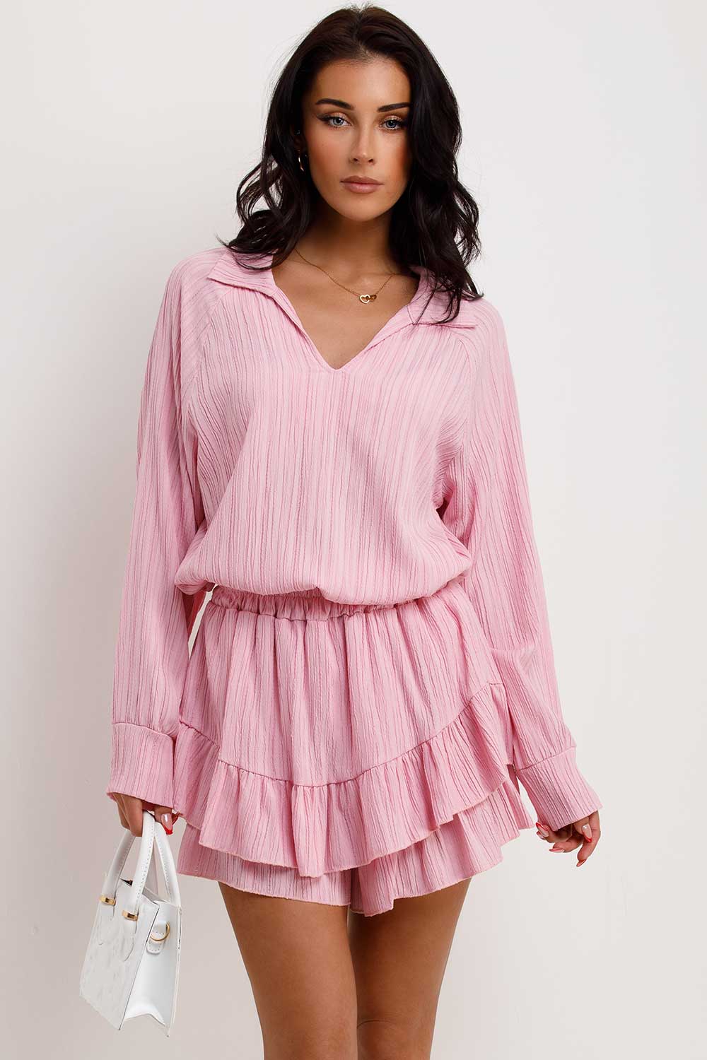 womens frilly shorts and top co ord set pink summer holiday matching outfit