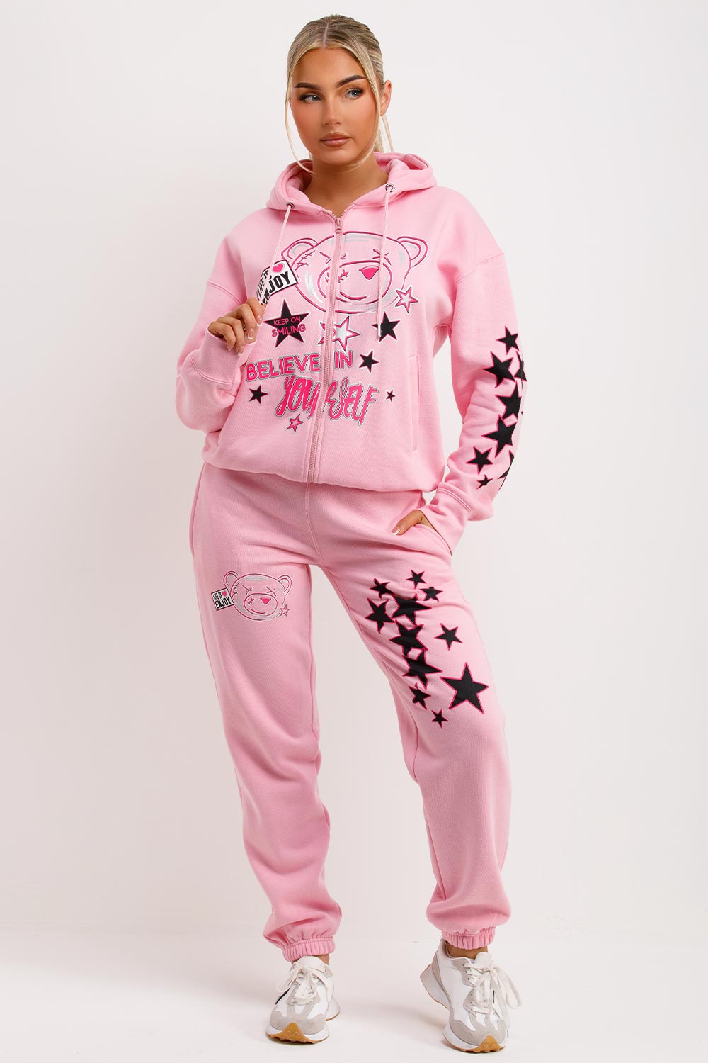 womens pink tracksuit zip hoodie and joggers set