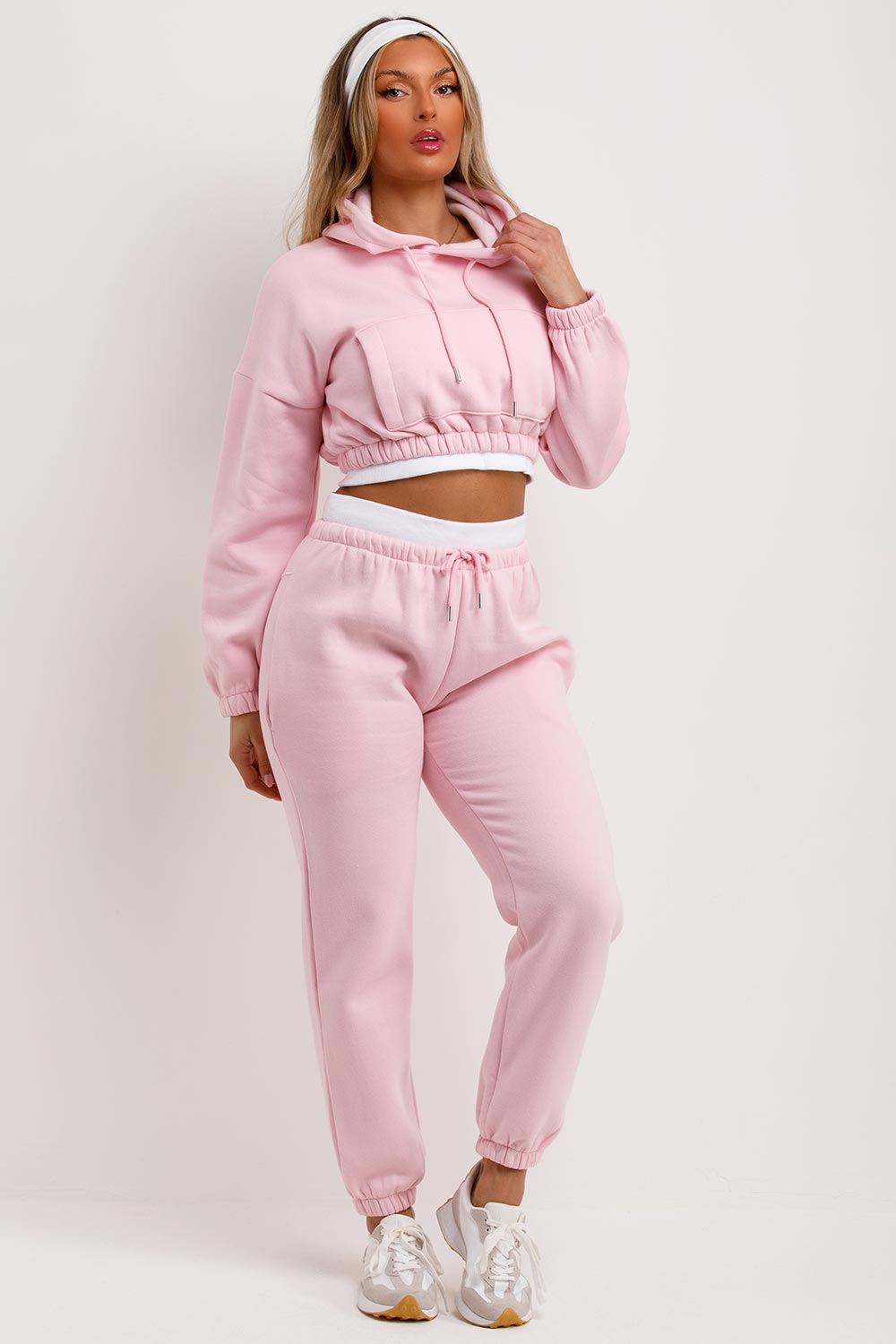 womens crop hoodie and joggers set pink