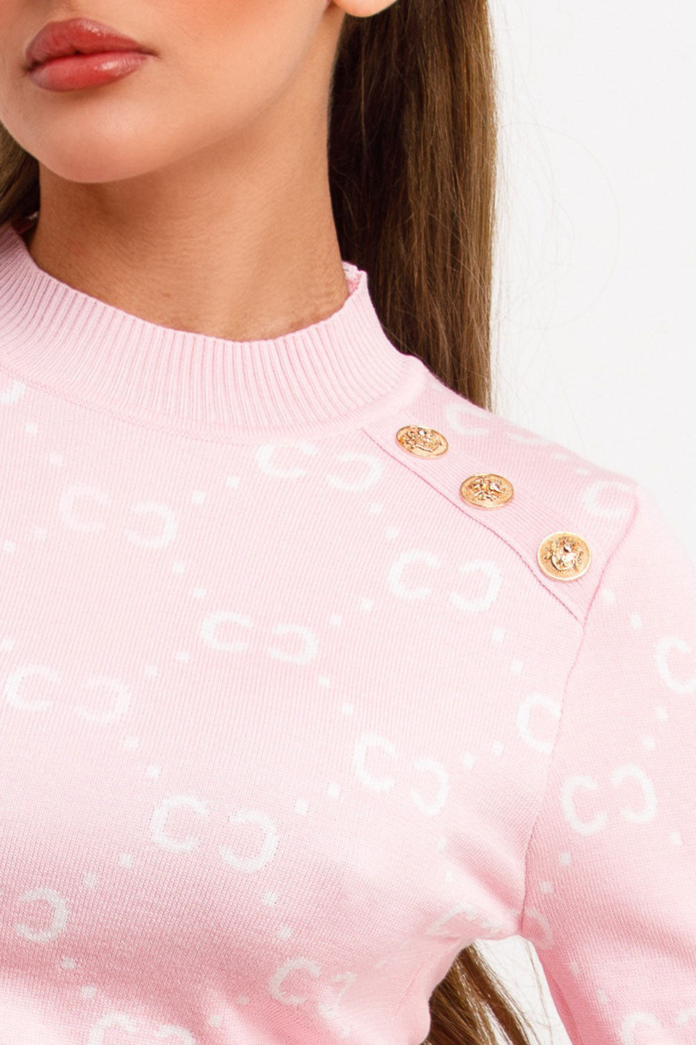 chanel inspired womens knitted christmas jumper with gold buttons