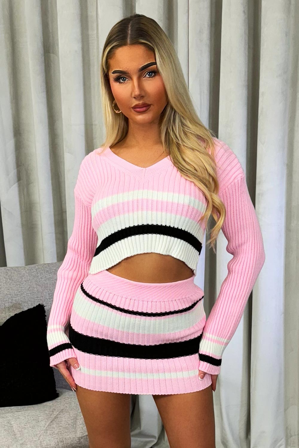 womens knitted mini skirt and jumper two piece going out winter outfit