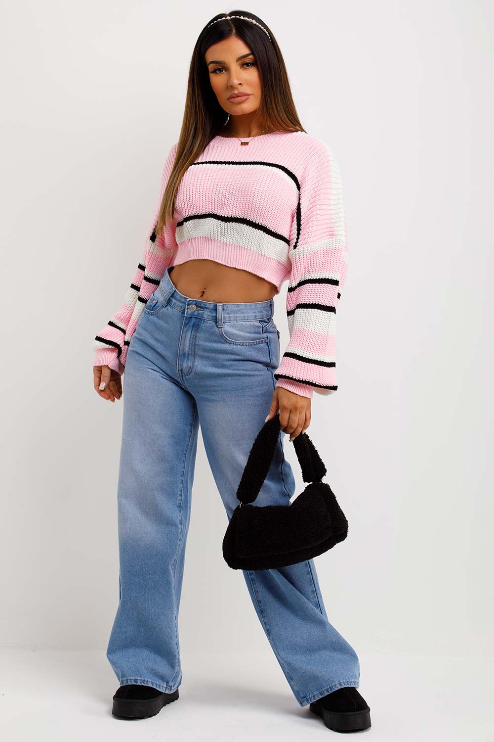 womens knitted striped cropped jumper