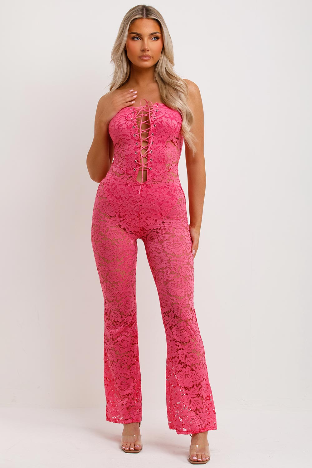 womens pink lace jumpsuit with skinny flared legs