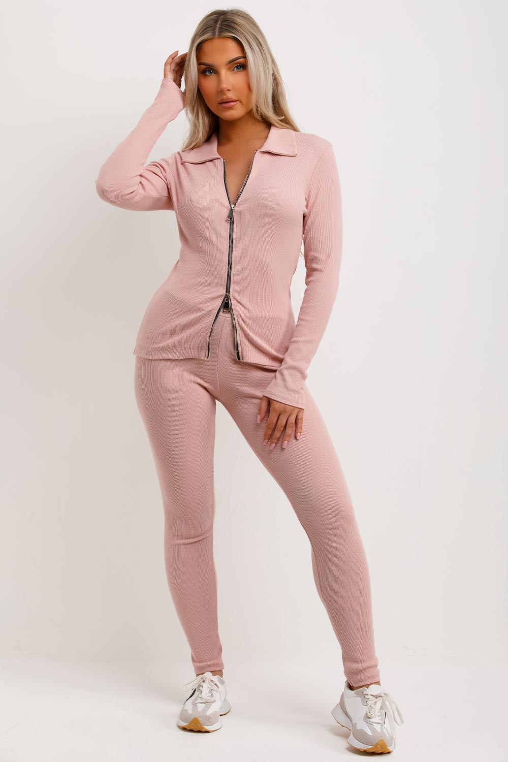 pink ribbed zip up loungewear set