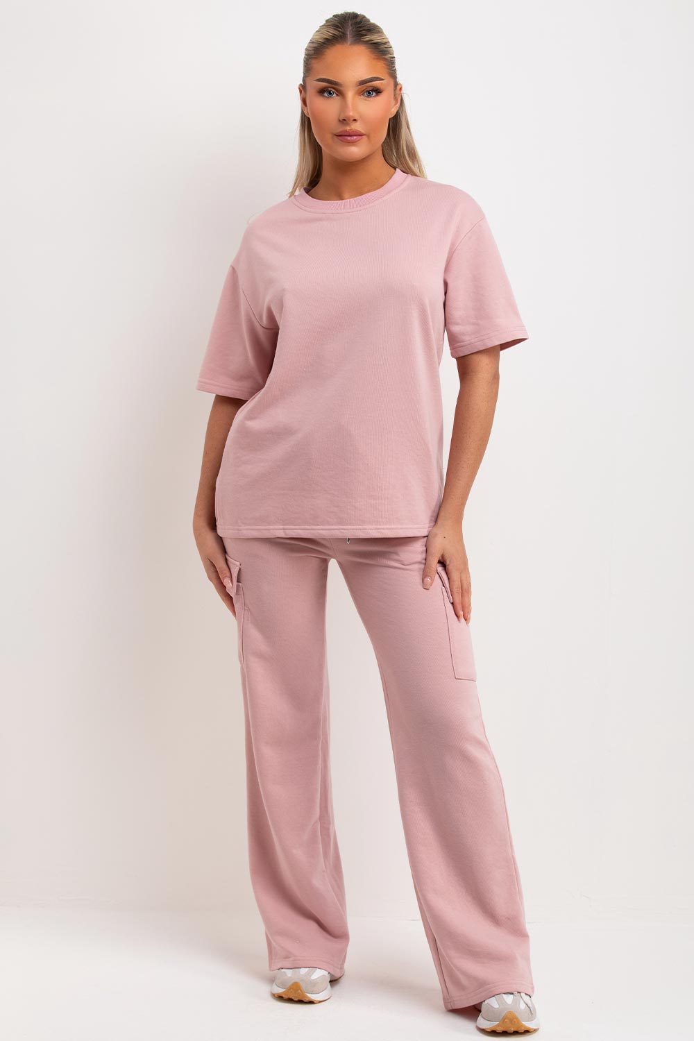 pink oversized t shirt and wide leg trousers with cargo pockets loungewear set