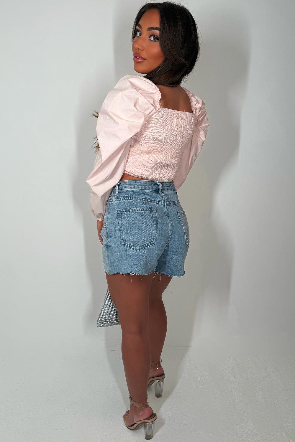 pink long puff sleeve crop top holiday festival clothes