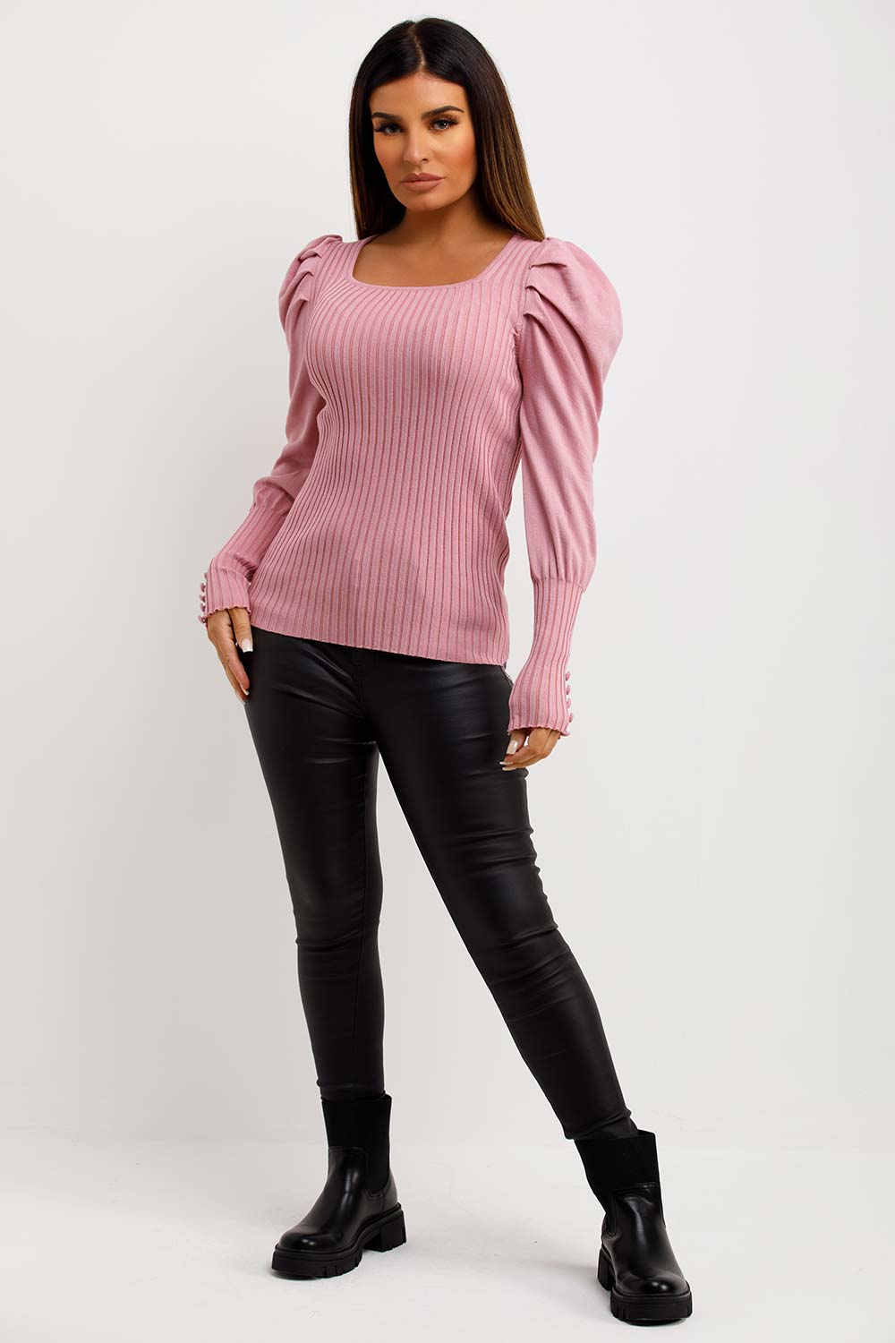womens puff sleeves jumper pink