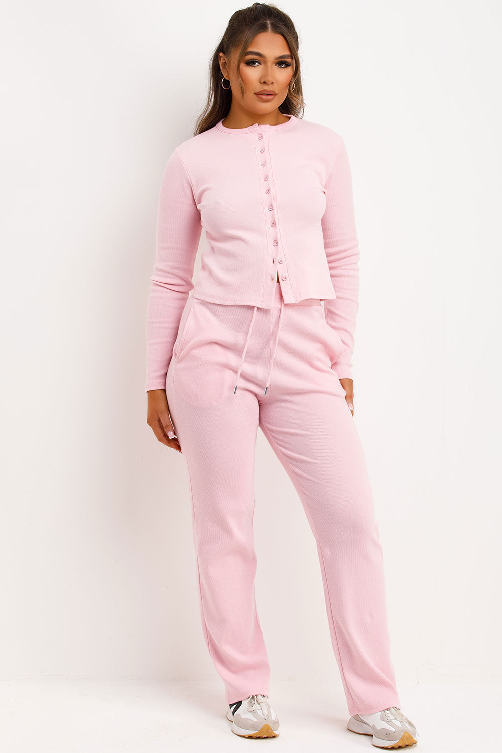 molly mae button up top and trousers co ord set pink