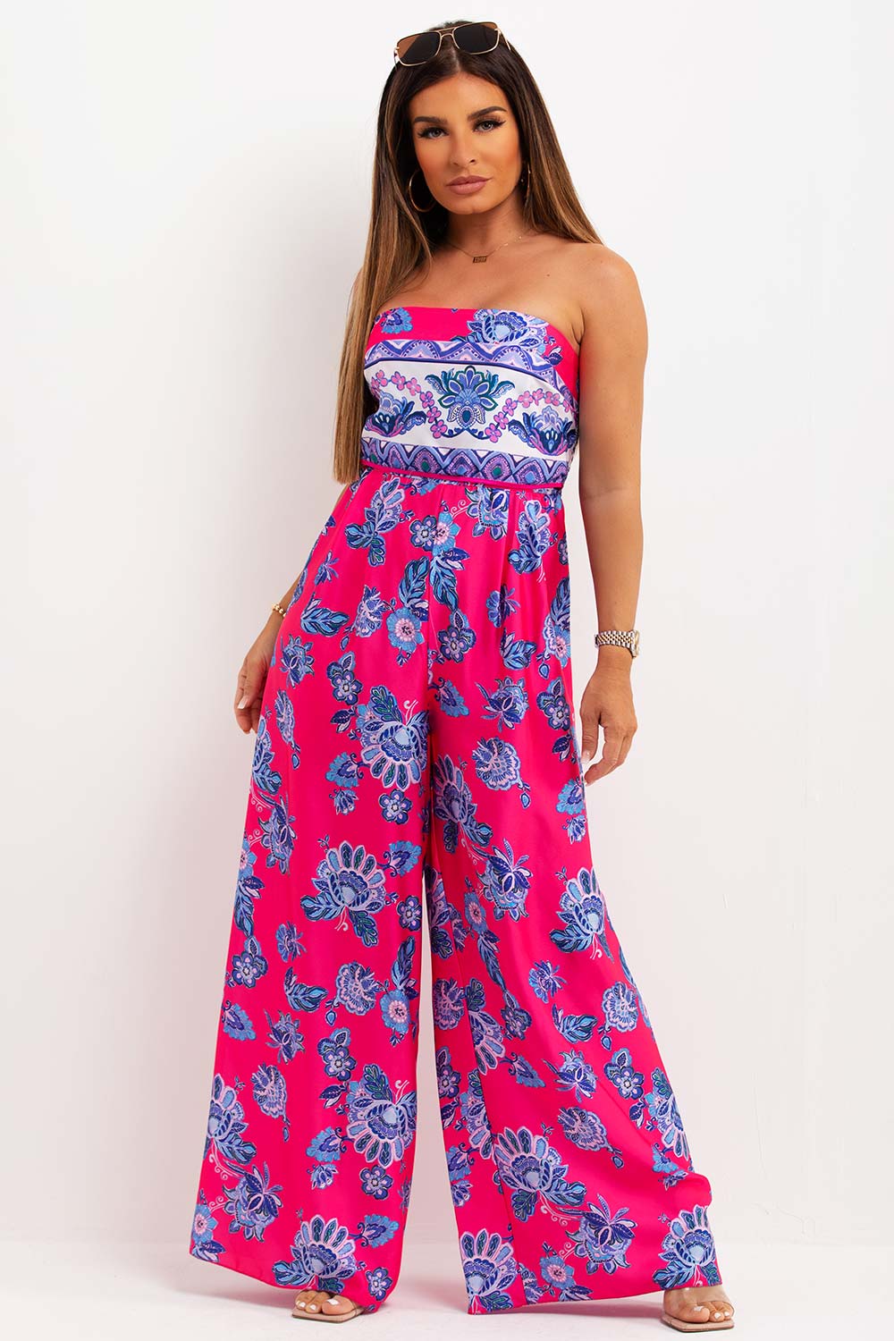 wide leg strapless bandeau floral satin jumpsuit