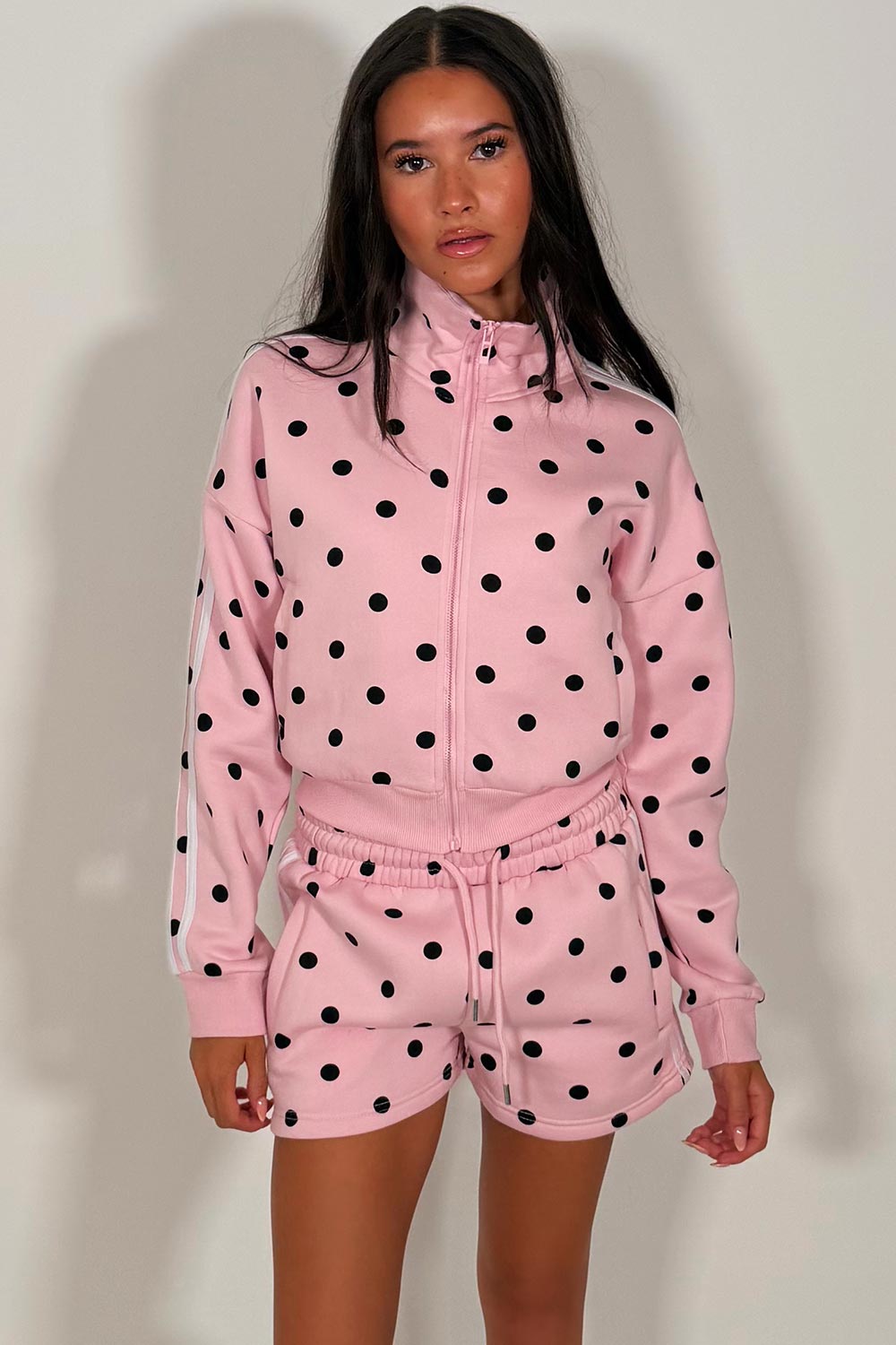 womens pink airport outfit short tracksuit in trendy polka dot print styledup uk