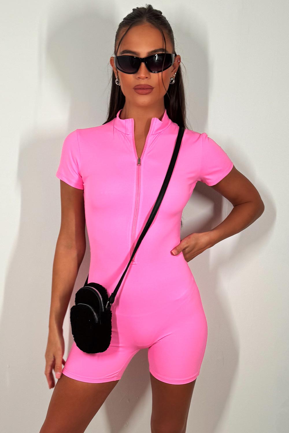 short sleeve zip front playsuit stretch sculpt unitard skims