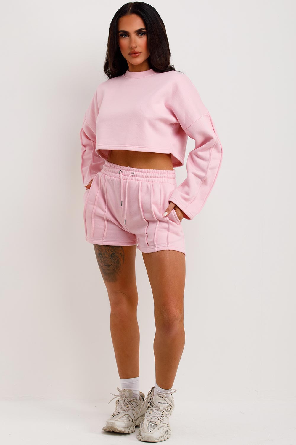womens crop tracksuit shorts and jumper two piece loungewear co ord