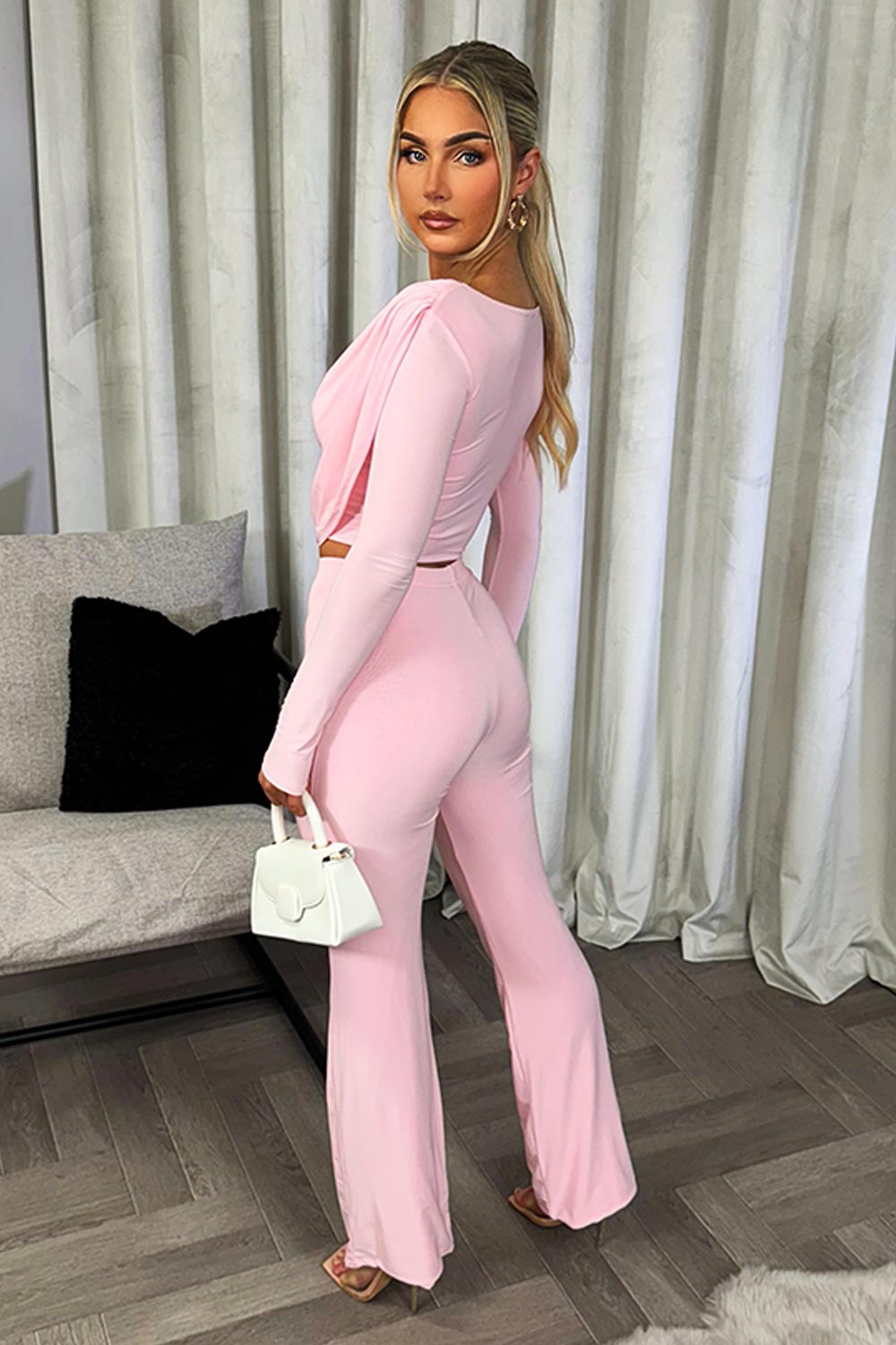 trousers and drape crop top set going out party valentine outfits