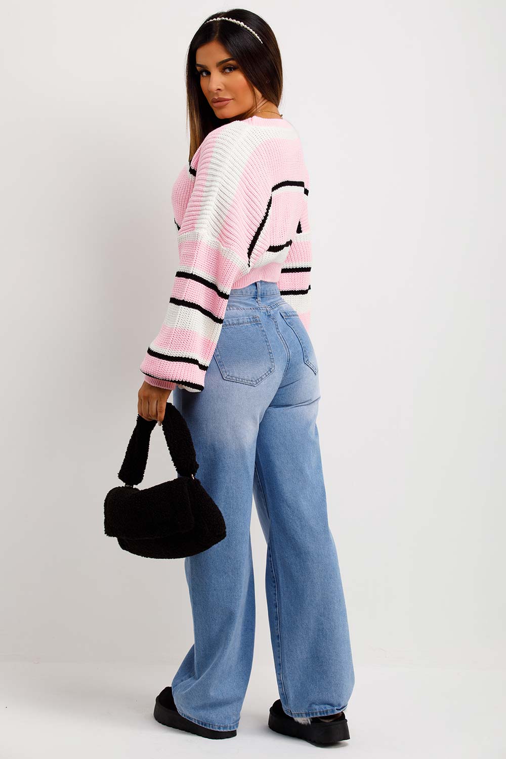 womens knitted crop jumper with stripes