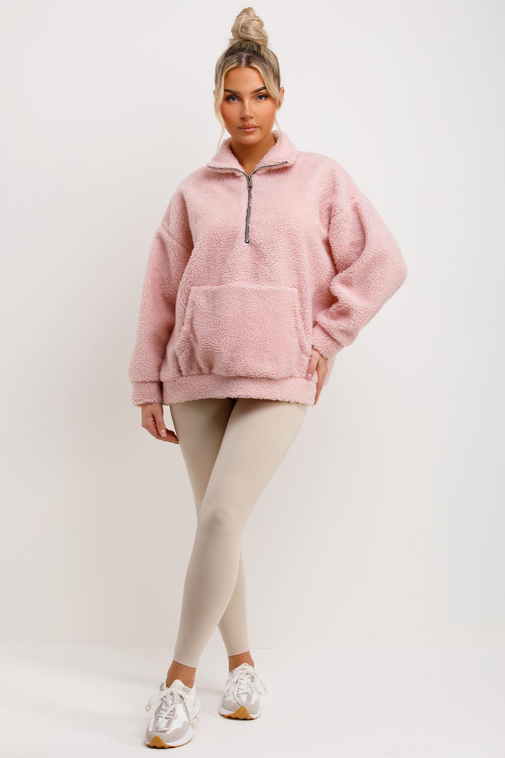 half zip teddy sweatshirt pink womens