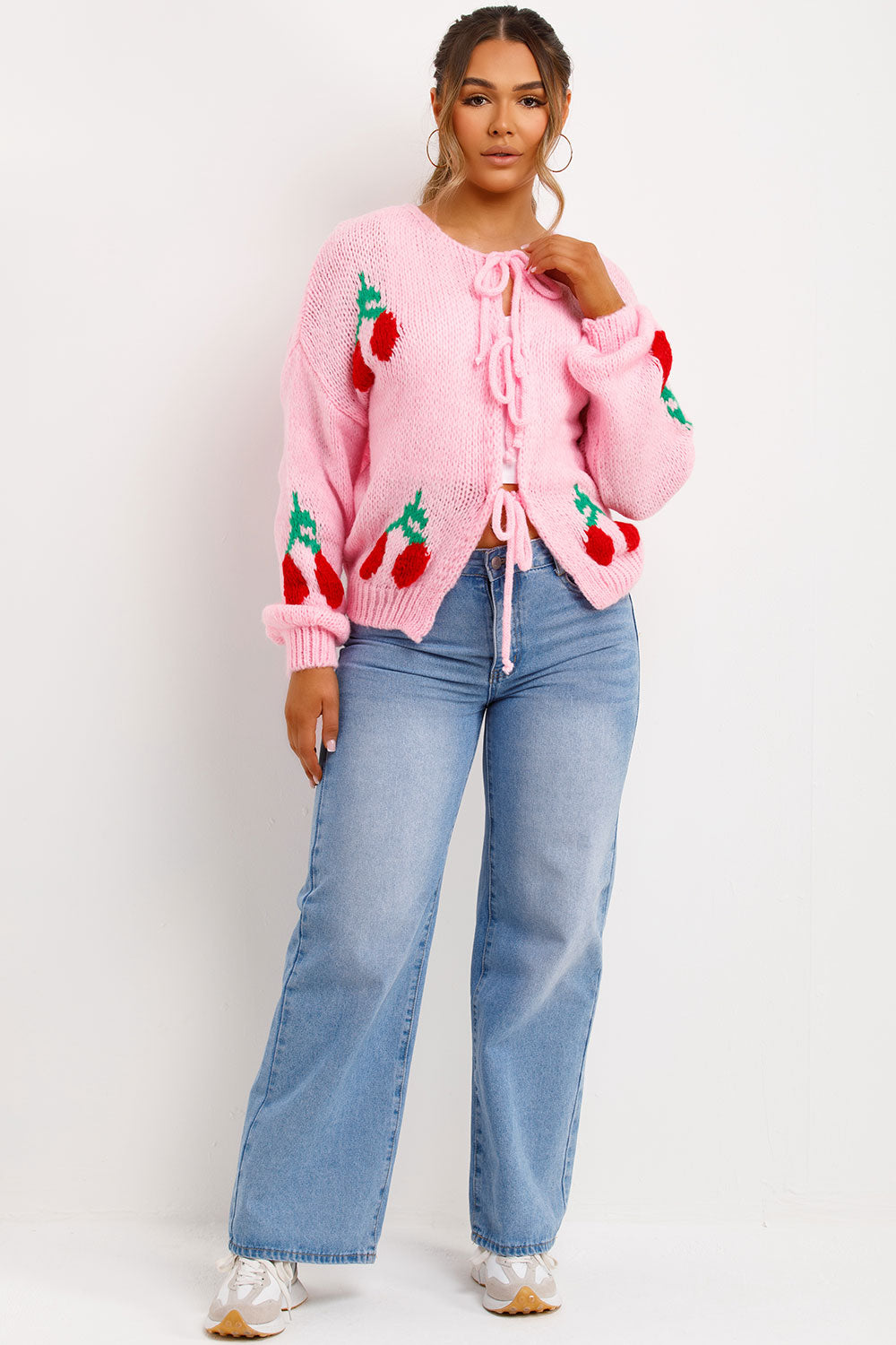 tie knot front cherry knitted cardigan womens