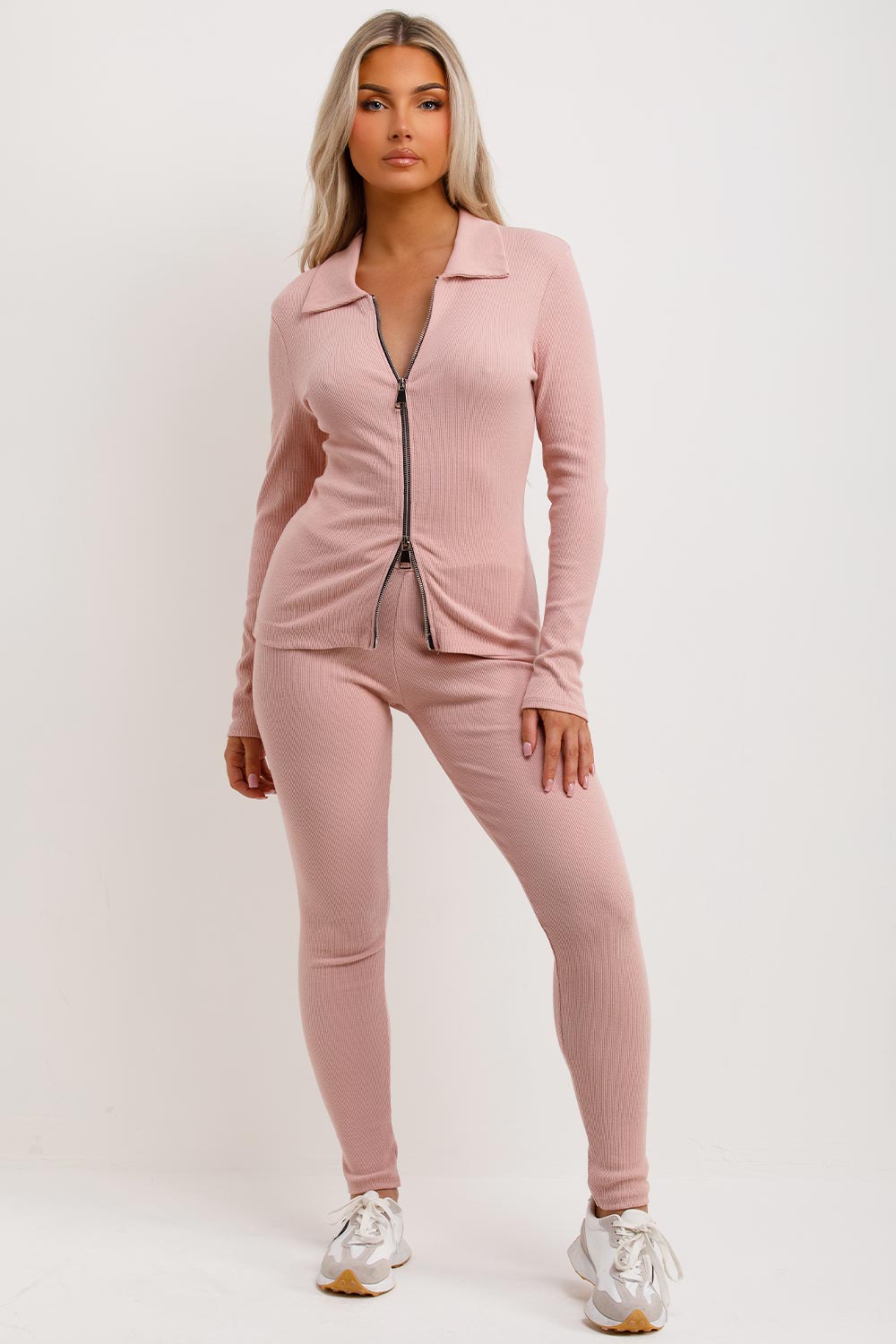 pink ribbed loungewear set zip up front